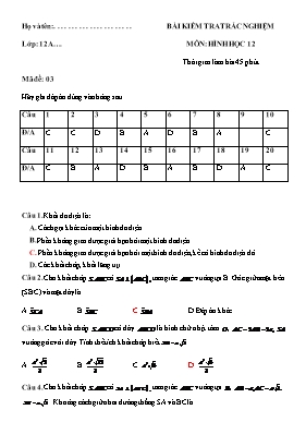 Bài kiểm tra trắc nghiệm môn Hình học 12